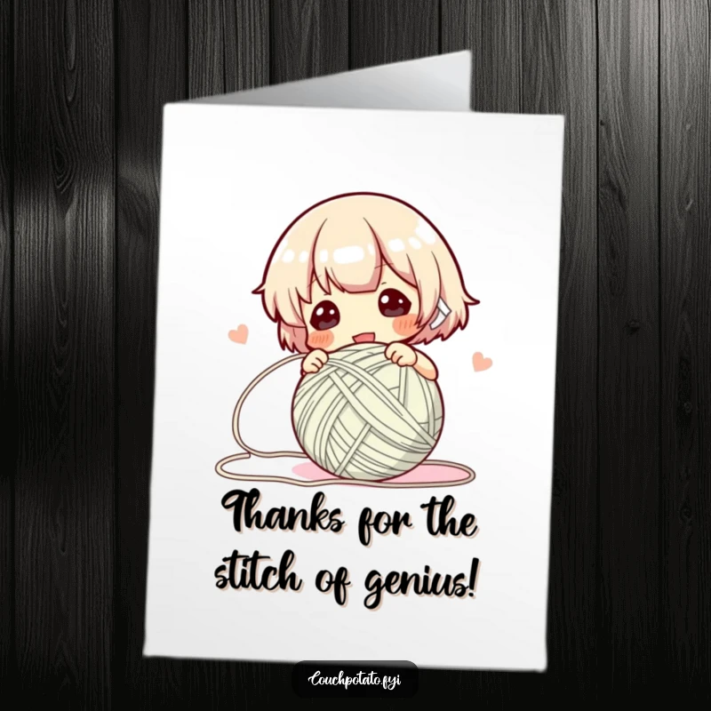 Funny Free Printable Thank You Card: Character expertly winding yarn, a humorous way to express gratitude effortlessly.