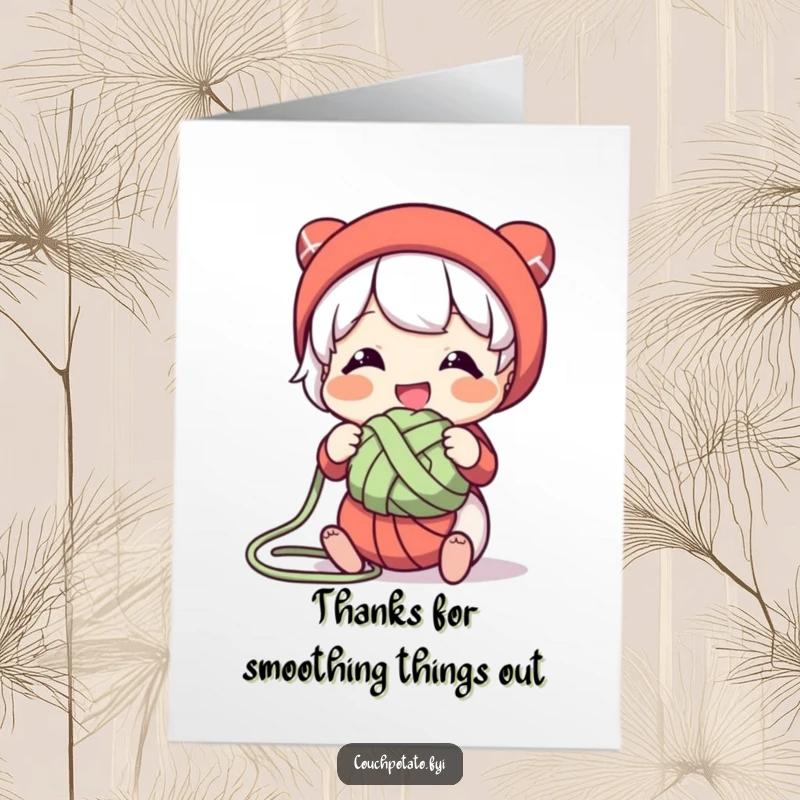 Funny free printable thank you card of a character happily untangling a yarn knot, conveying thanks with playful resolve.