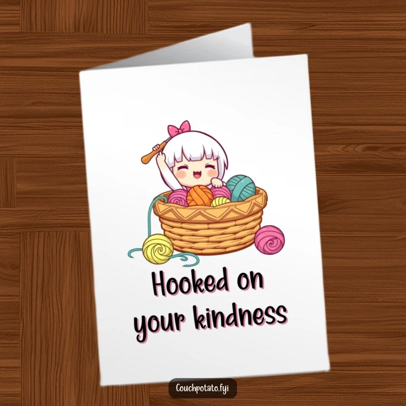 Funny free printable thank you card depicting a character gleefully dropping a crochet hook into a basket of yarn, showing thanks.