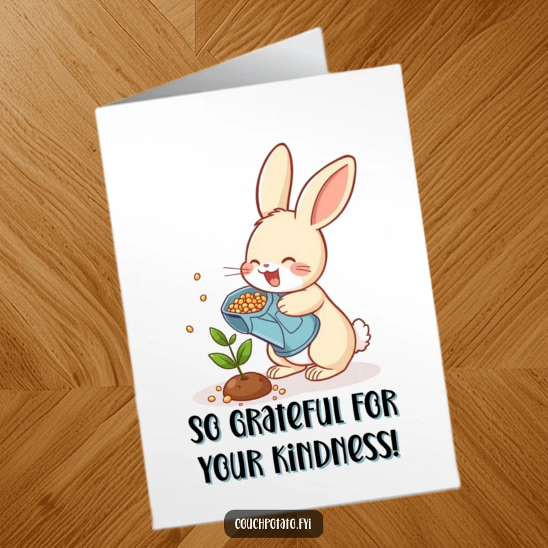 Funny Free Printable Thank You Card: Cheerful rabbit scattering seeds, symbolizing growing gratitude and appreciation.