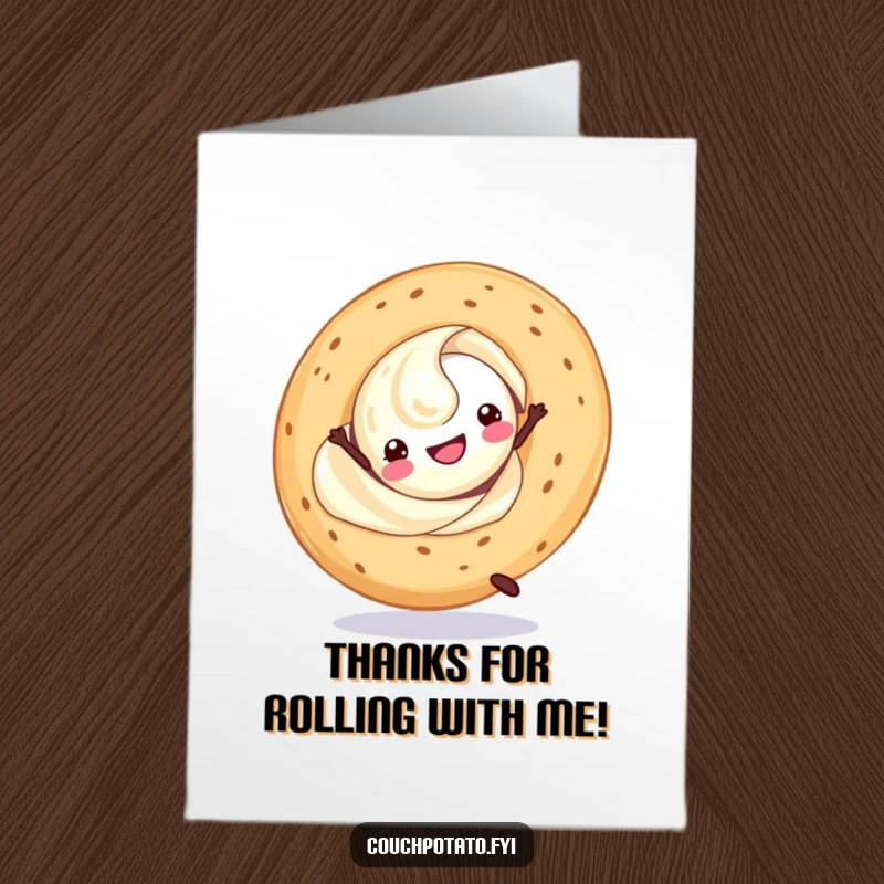 Funny Free Printable Thank You Card featuring a cream cheese swirl and bagel doing a cartwheel together.