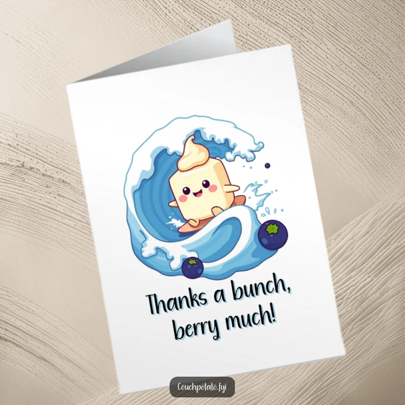 Funny Free Printable Thank You Card showing a happy cream cheese tub surfing a huge blueberry wave.