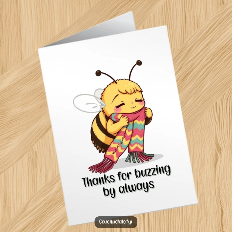 Funny Free Printable Thank You Card: Busy bee intently knitting a colorful scarf, conveying sincere appreciation.