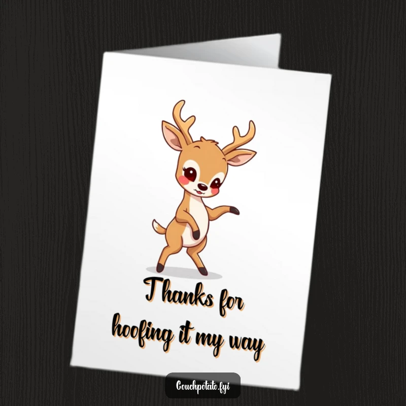 Funny Free Printable Thank You Card: Playful deer trying a complex dance move, perfect for a quirky DIY gift.