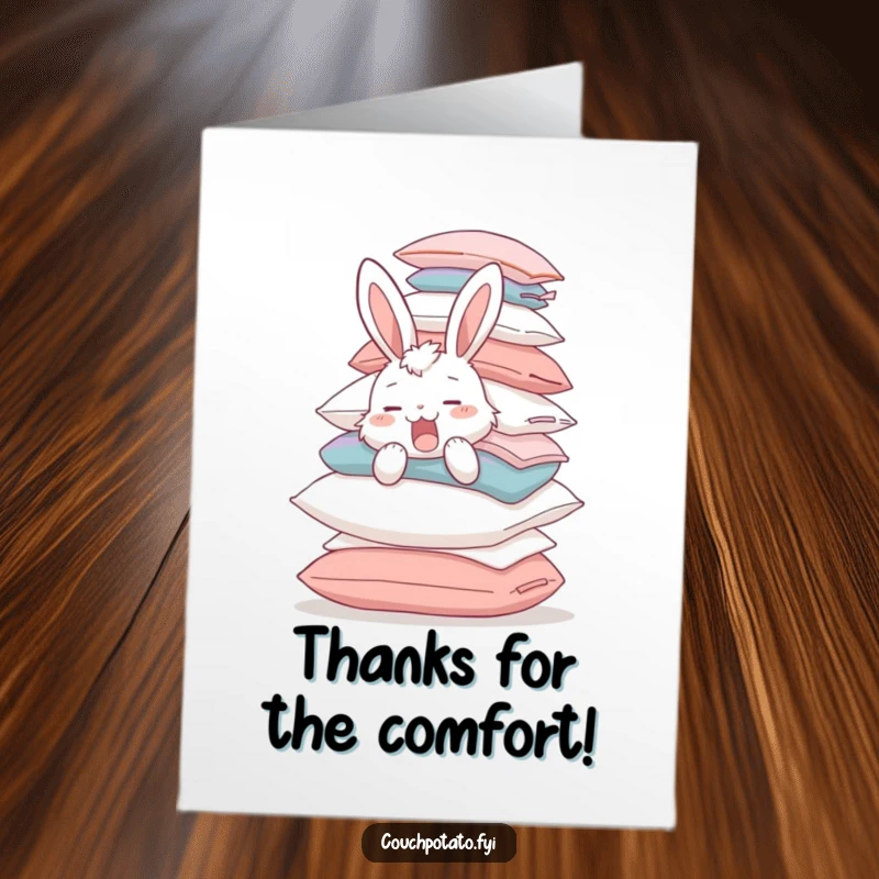 Funny Free Printable Thank You Card: A fluffy bunny yawns while balancing an enormous pile of pillows, offering thanks.