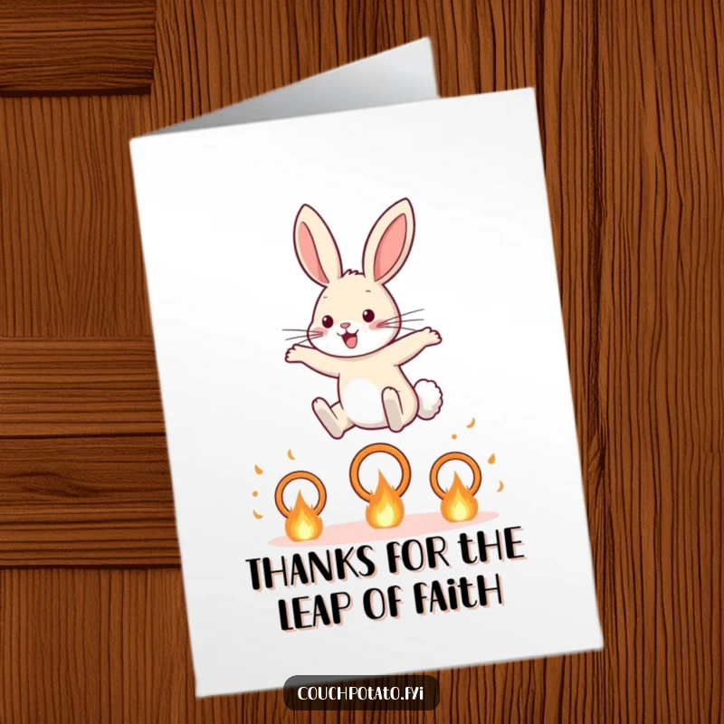 Funny Free Printable Thank You Card: A courageous rabbit artistically leaping over a series of small, excitingly hot, fire hoops.