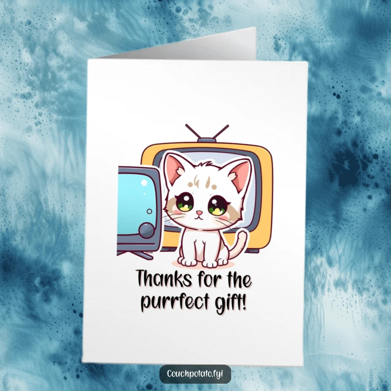 Funny Free Printable Thank You Card: A curious kitten with wide eyes stares intently at a television screen, saying thanks.