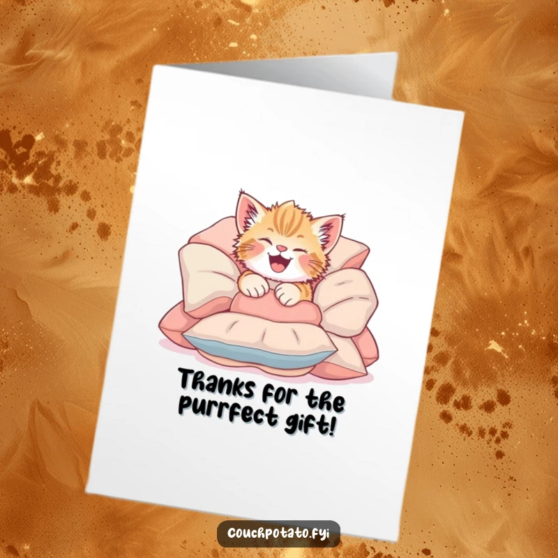 Funny Free Printable Thank You Card: Giggling kitten playfully tumbling into a pile of soft cushions, saying thanks.