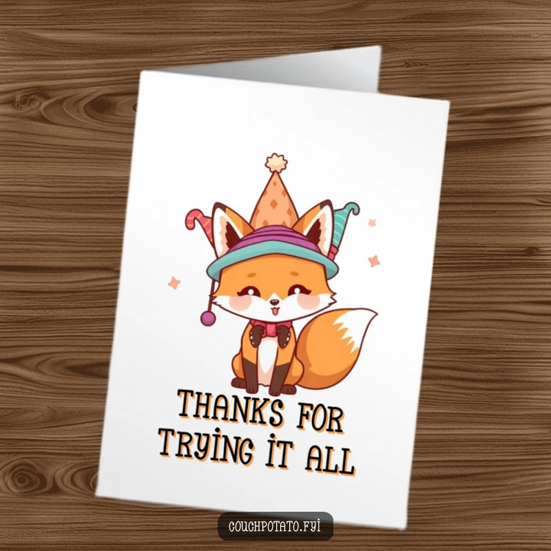 Funny Free Printable Thank You Card: A playful fox juggling several hats, offering a comical thank you.