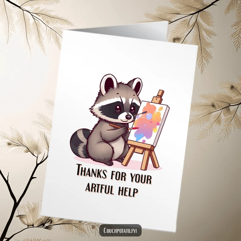 Funny Free Printable Thank You Card: A curious raccoon focused on painting, offering a unique and heartfelt thank you.