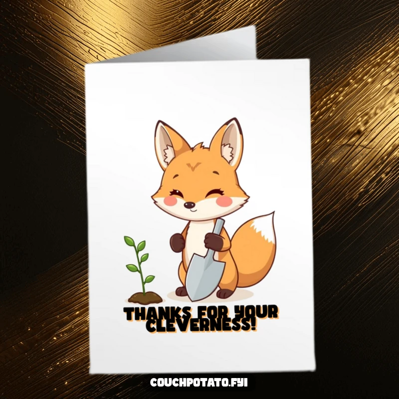 Funny Free Printable Thank You Card: Proud fox with a shovel next to a seedling, planting seeds of gratitude.
