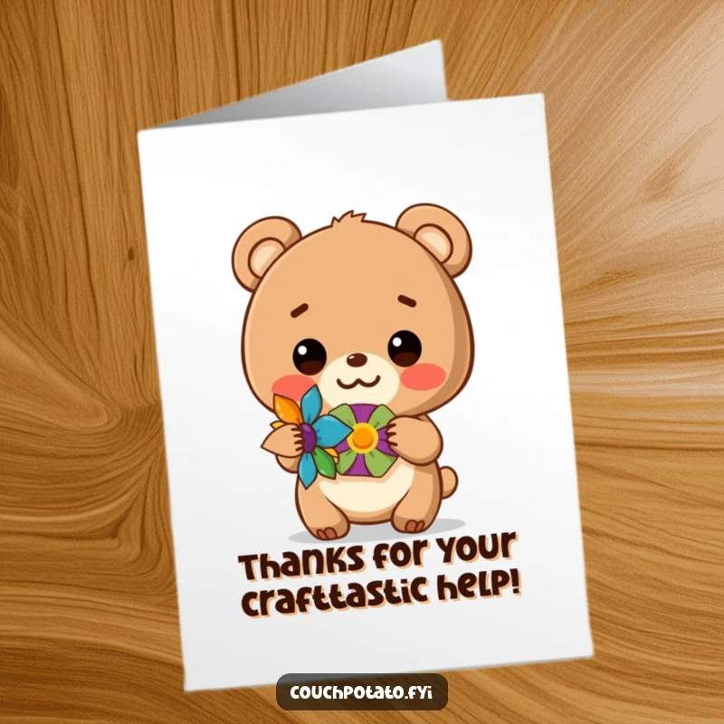 Funny Free Printable Thank You Card: A happy bear cub shows off a colorful handmade craft with a proud smile.