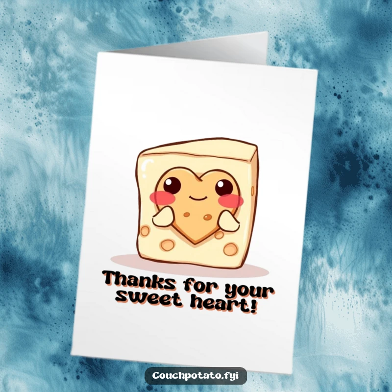 Funny Free Printable Thank You Card with a shy cream cheese block offering a heart-shaped cookie.