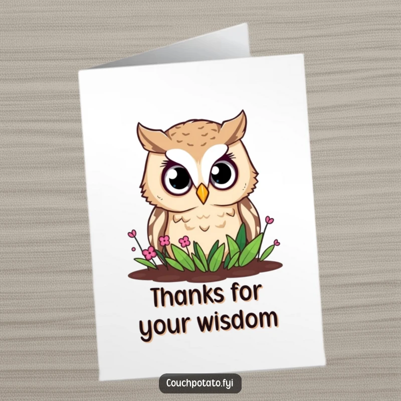 Free Printable Owl Thank You Card showing a wide-eyed owl curiously peeking at a garden, conveying a unique sense of thanks.