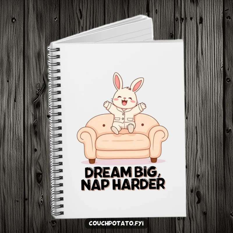 Funny Bunny Pajama Notebook with a fluffy bunny in pajamas cheerfully leaping onto a plush sofa, ideal for note-taking fun.