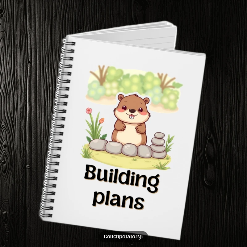 Funny beaver notebook, a smiling beaver stacks small stones to create a garden border, ideal for planning.