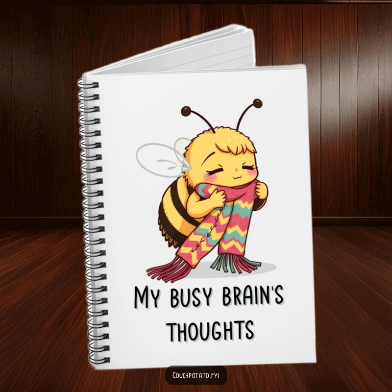 Funny Bee Notebook: A busy bee is depicted intently knitting a long, colorful scarf, ready to hold your notes and patterns.