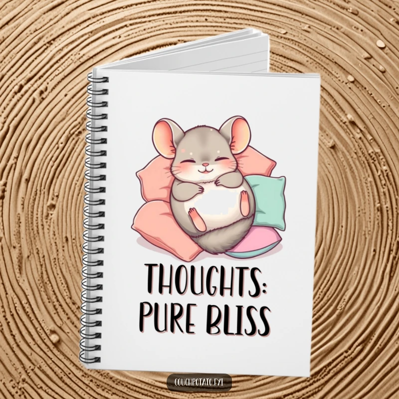 Funny Chinchilla Notebook with a cute chinchilla happily rolling on its back amidst pillows, ideal for note-taking bliss.