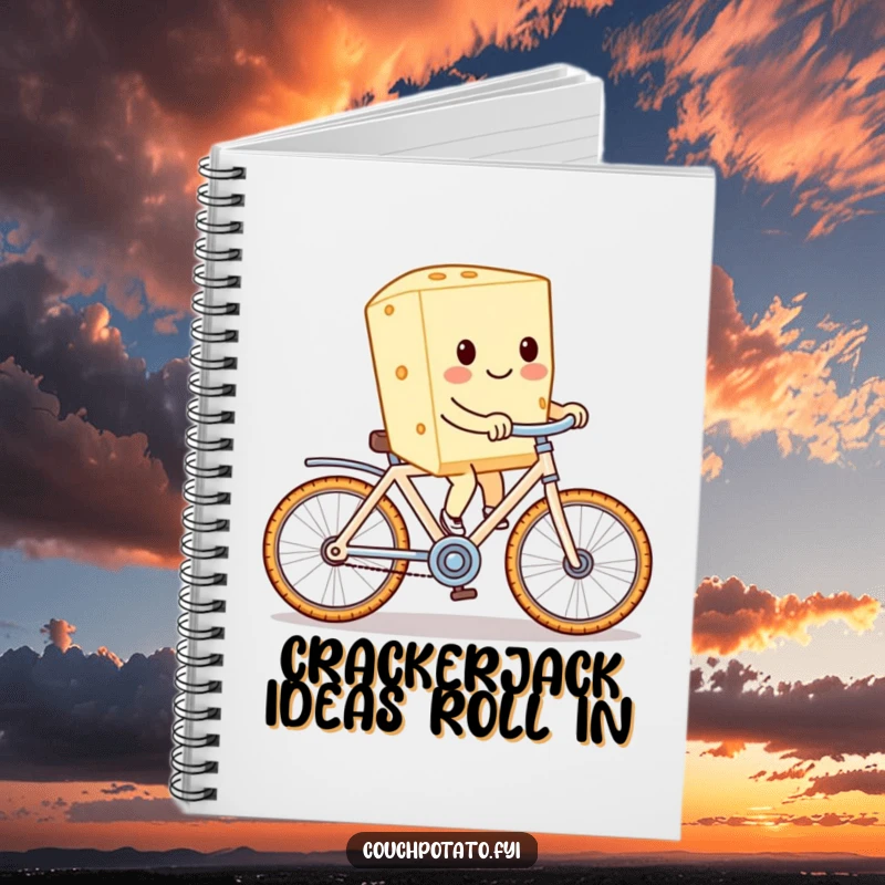 Funny cream cheese character on a cracker bike, gracing the cover of a notebook for jotting down notes and creative thoughts.