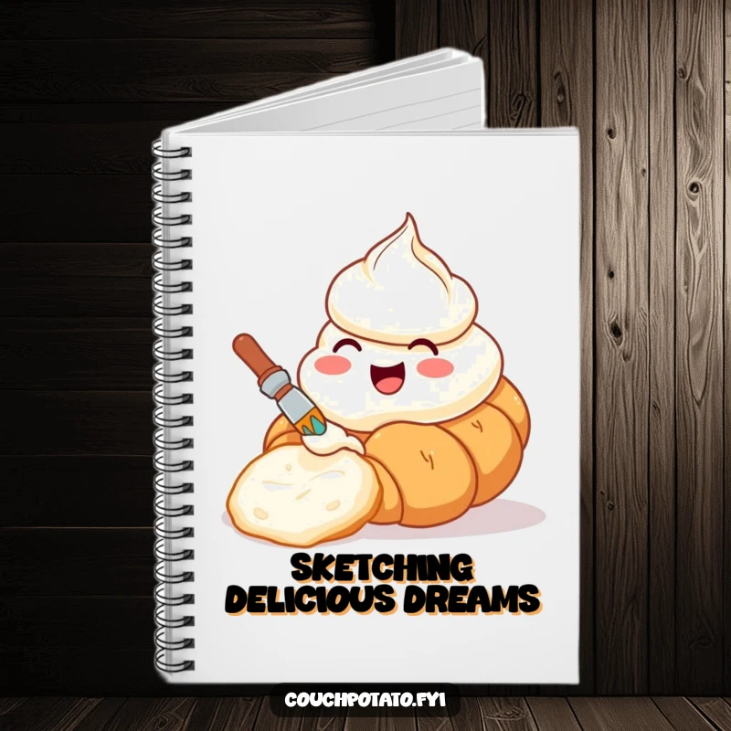 Funny notebook cover with a cream cheese tub painting a croissant, encouraging artistic expression.