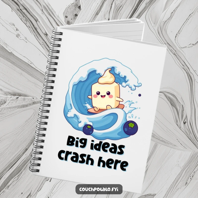 Funny cream cheese character surfing a blueberry wave, on the cover of a notebook for capturing thoughts and creative ideas.