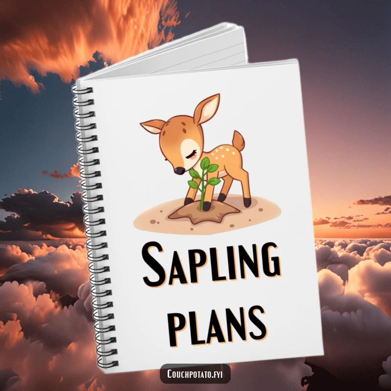 Funny deer notebook, a playful deer is shown patting soil around a sapling, ideal for nature journaling.