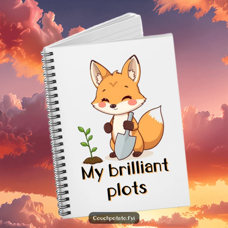 Funny fox gardener notebook, a proud fox holding a miniature shovel next to a sprouting seedling, ideal for notes and planning.