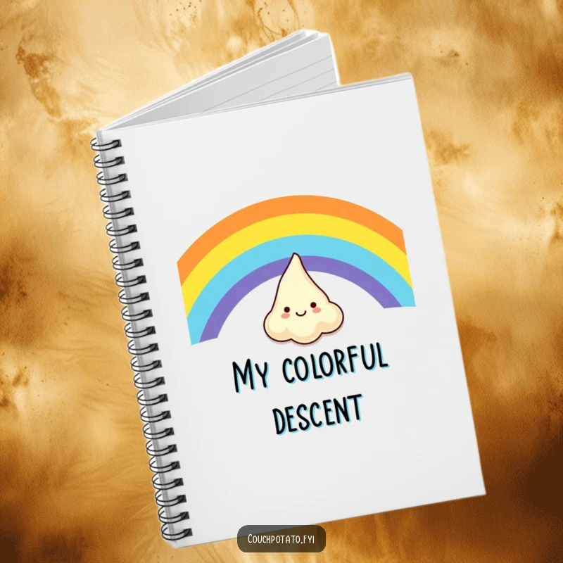 Funny notebook cover with a giggling cream cheese blob sliding down a rainbow, encouraging joyful note-taking.