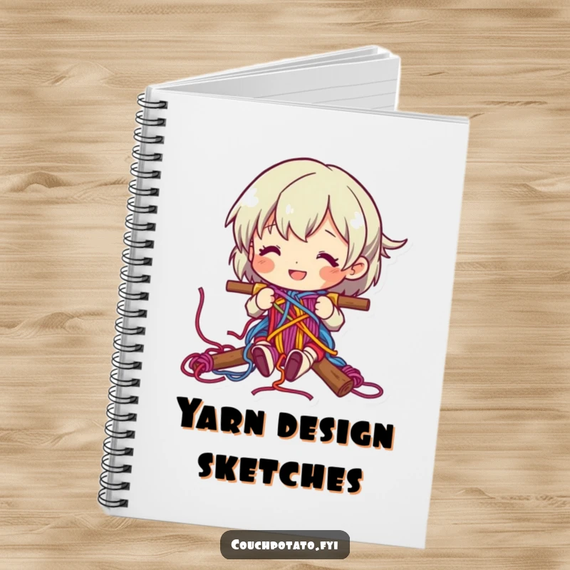 Funny character happily weaving colorful yarn into a complex pattern on the cover of a notebook.