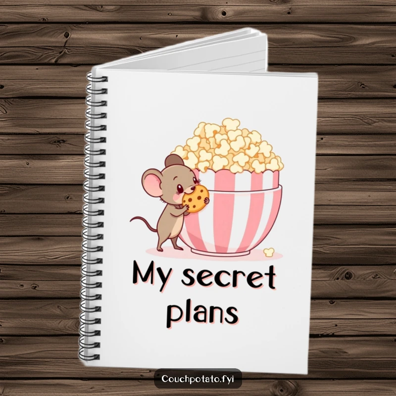Funny tiny mouse with a mischievous grin sneaking a cookie from a giant popcorn bowl, a useful notebook.