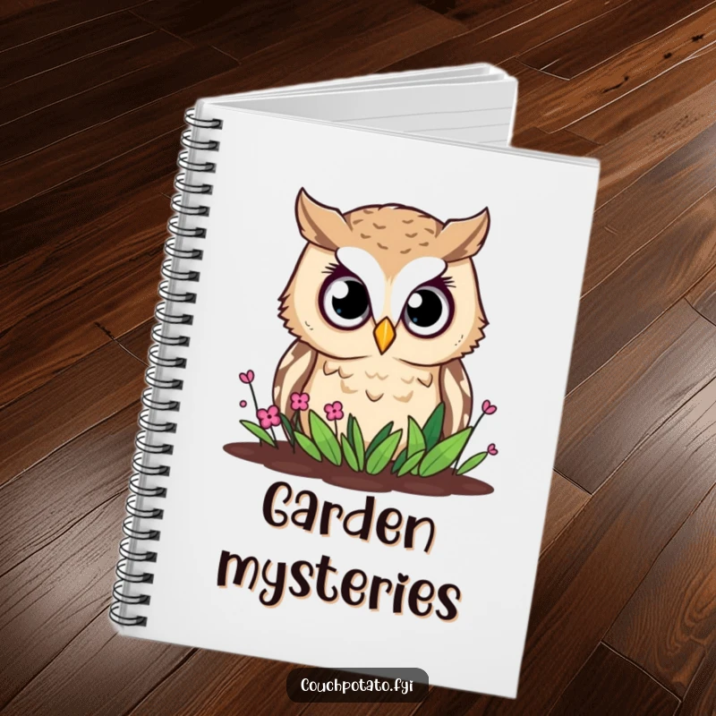Funny owl notebook, a curious owl with wide eyes peers at a small garden, perfect for jotting notes.