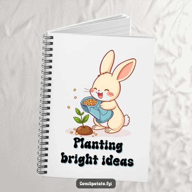 Funny rabbit gardener notebook, a cheerful bunny scattering seeds from a watering can onto a small plant, perfect for journaling or notes.