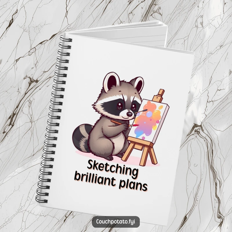 Funny curious raccoon painting on a small canvas, featured on a notebook cover, ready for humorous artistic planning.