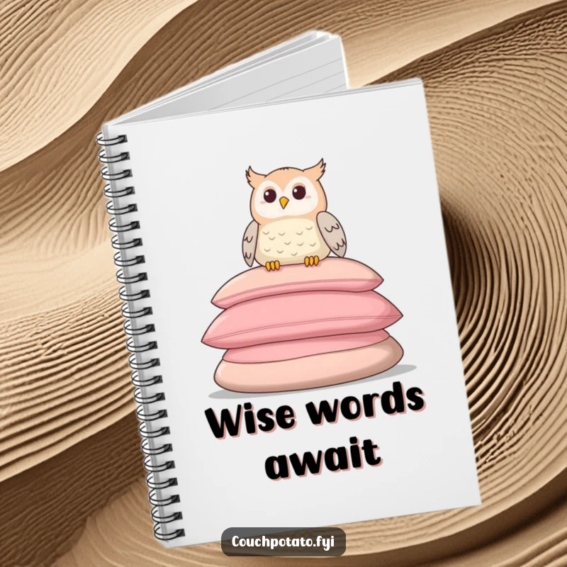 Funny notebook with a calm owl perched on cushions, perfect for journaling peaceful thoughts.
