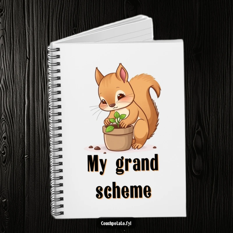 Funny squirrel planter notebook, a focused squirrel planting a tiny sprout in a pot, ideal for journaling or notes.