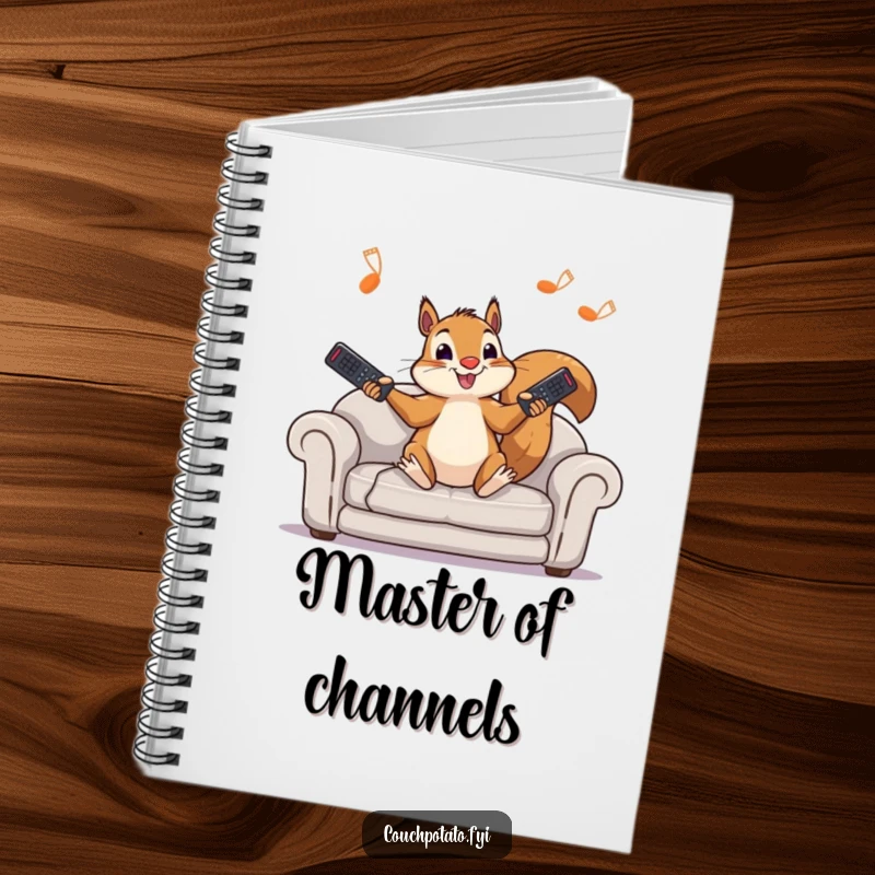 Funny squirrel notebook featuring a playful character juggling remote controls, perfect for jotting down ideas with a side of humor.