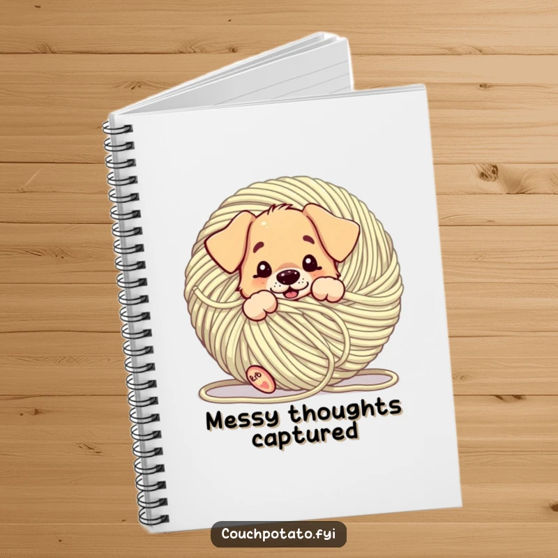Funny puppy comically tangled in a giant ball of yarn, presented on a notebook cover for jotting down funny notes.