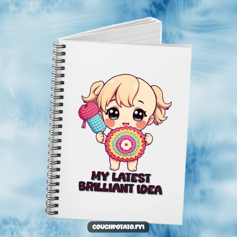 Funny notebook cover with a character proudly showcasing a finished, colorful crocheted object with a flourish, ideal for crafters.