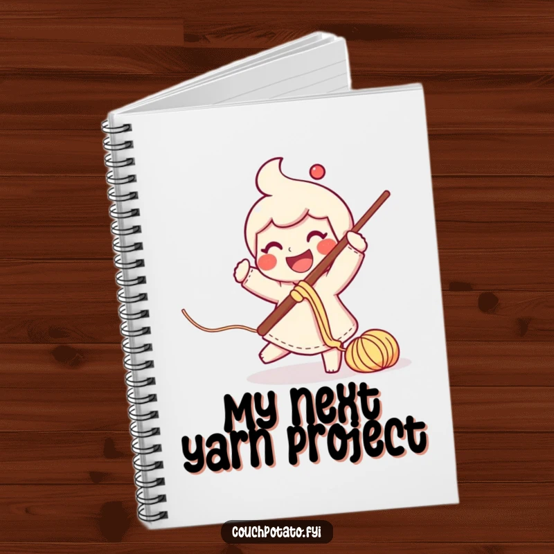 Funny smiling character swinging a crochet hook with yarn trailing on the cover of a notebook.