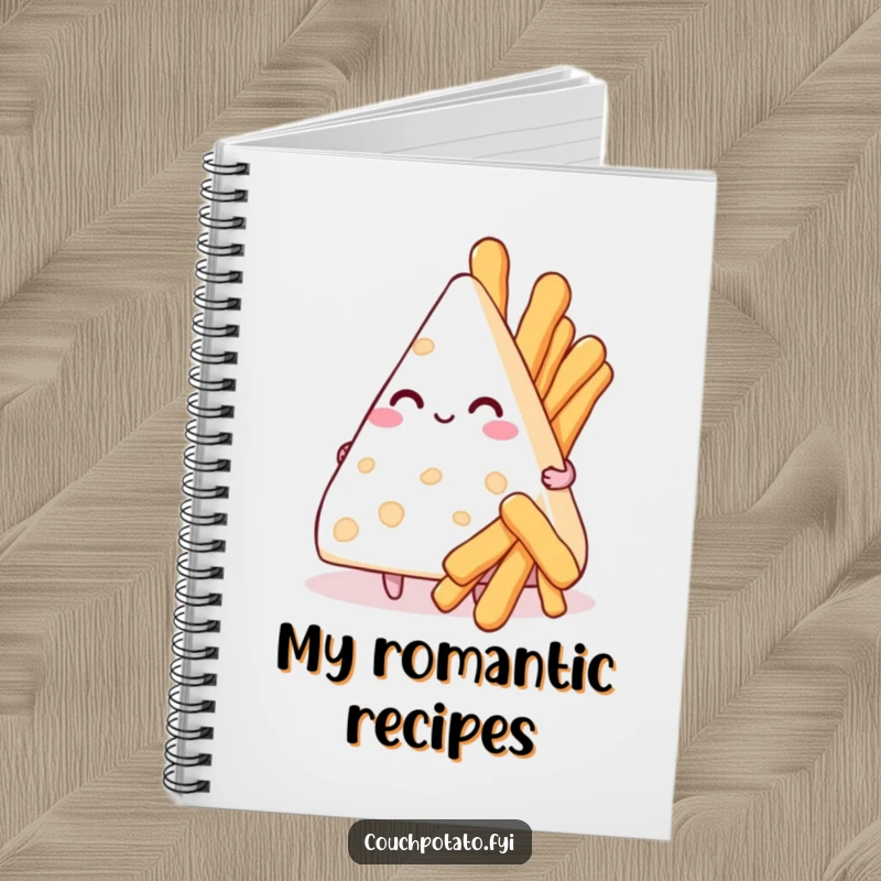 Funny notebook cover with a smitten cream cheese triangle holding breadsticks, great for love notes.