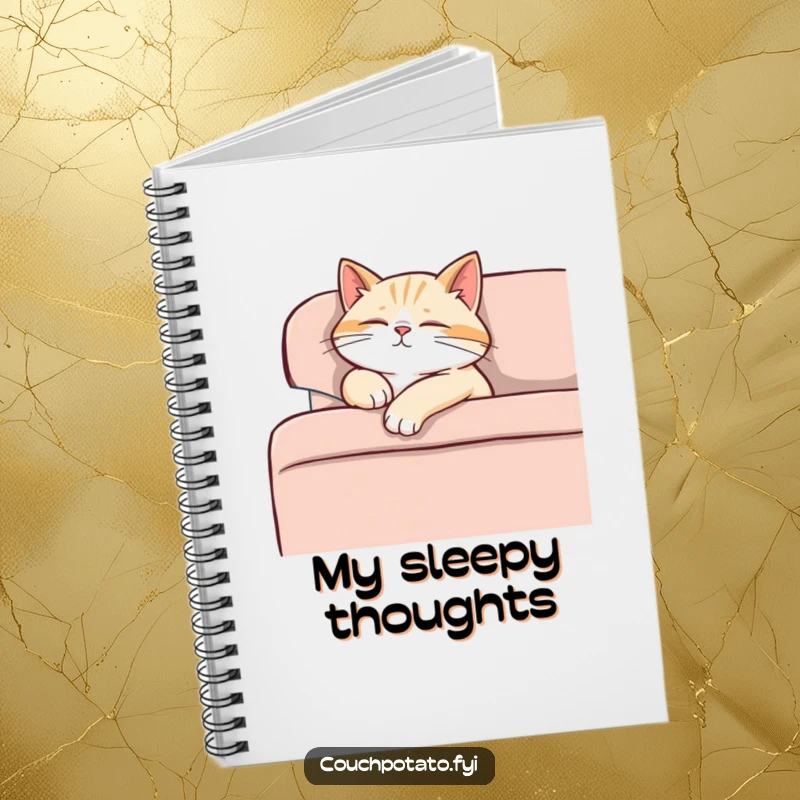 Funny content cat dozing off on a sofa, paw dangling, purring softly, a serene and practical notebook.