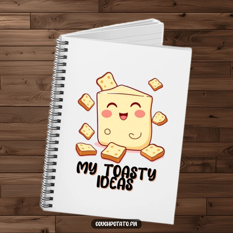 Funny notebook with a winking cream cheese wedge juggling toast, ideal for writing, drawing, and capturing breakfast-themed ideas.