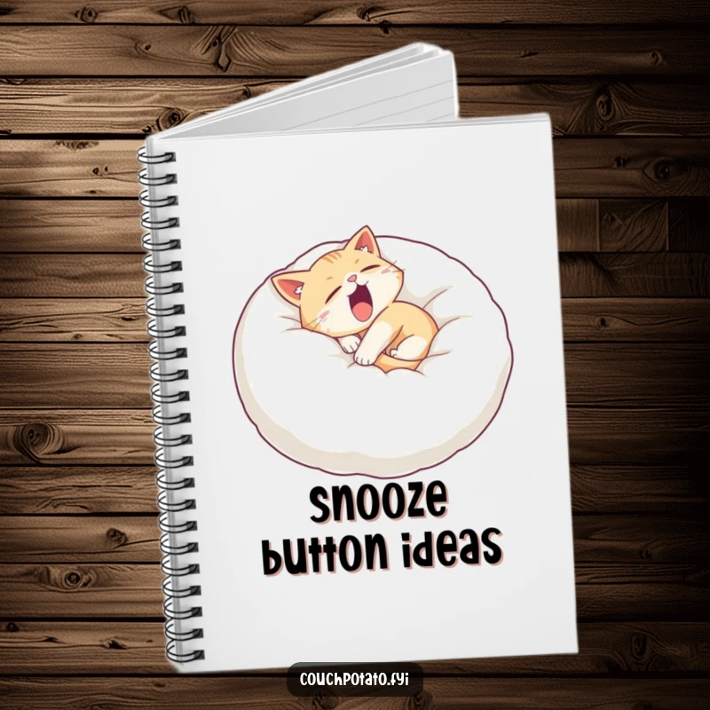 Funny sleepy cat notebook cover featuring a cat curled on a giant pillow, yawning widely, ideal for journaling and note-taking.