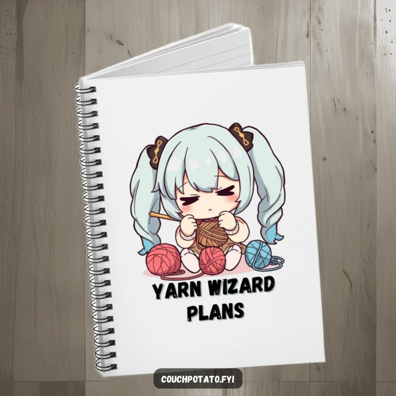 Funny notebook cover with a character intently focused on yarn and needles, ideal for planning knitting and crochet projects.
