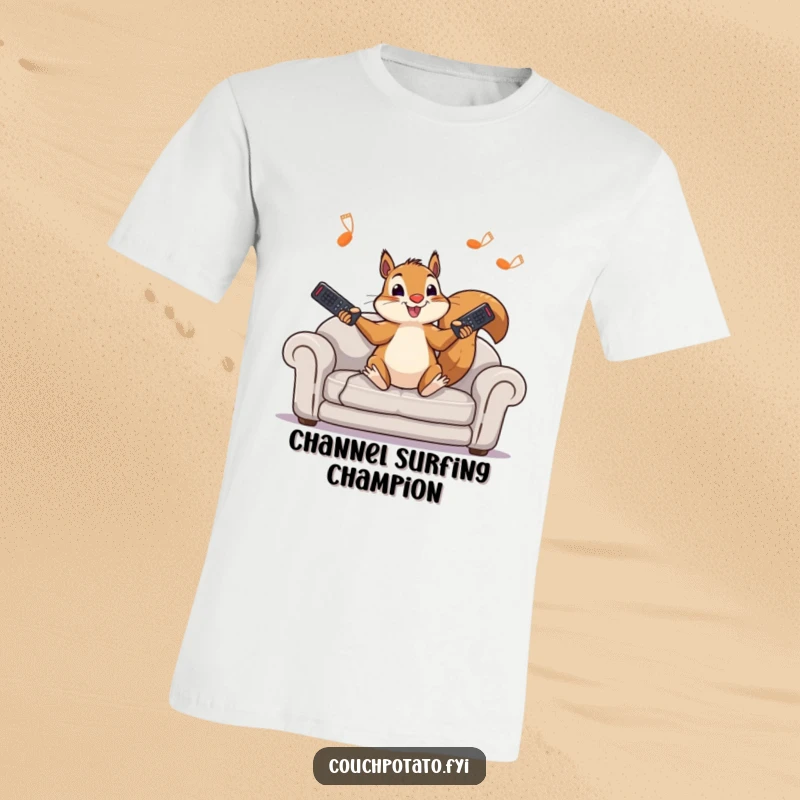 Funny squirrel t-shirt depicting a character hilariously juggling multiple remote controls while relaxing on a sofa. Perfect humorous apparel.
