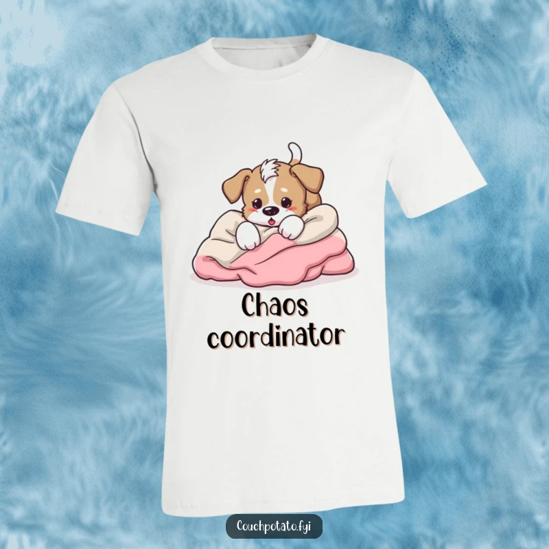 Funny energetic puppy tumbling headfirst into blankets, tail wagging furiously, a fun and humorous graphic tee.