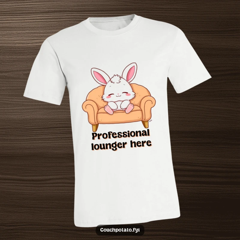 Funny T-Shirt: A fluffy bunny reclines on a sofa, eyes shut in blissful contentment. Hilarious apparel for the relaxed.