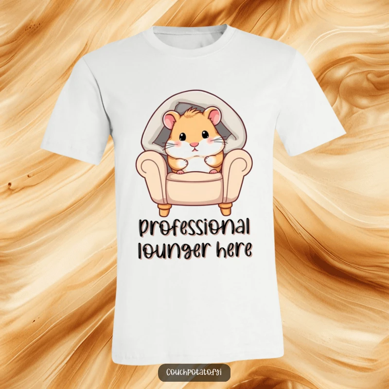 Funny hamster t-shirt featuring a chubby hamster peeking from under a cozy blanket on an armchair, celebrating comfort and relaxation.