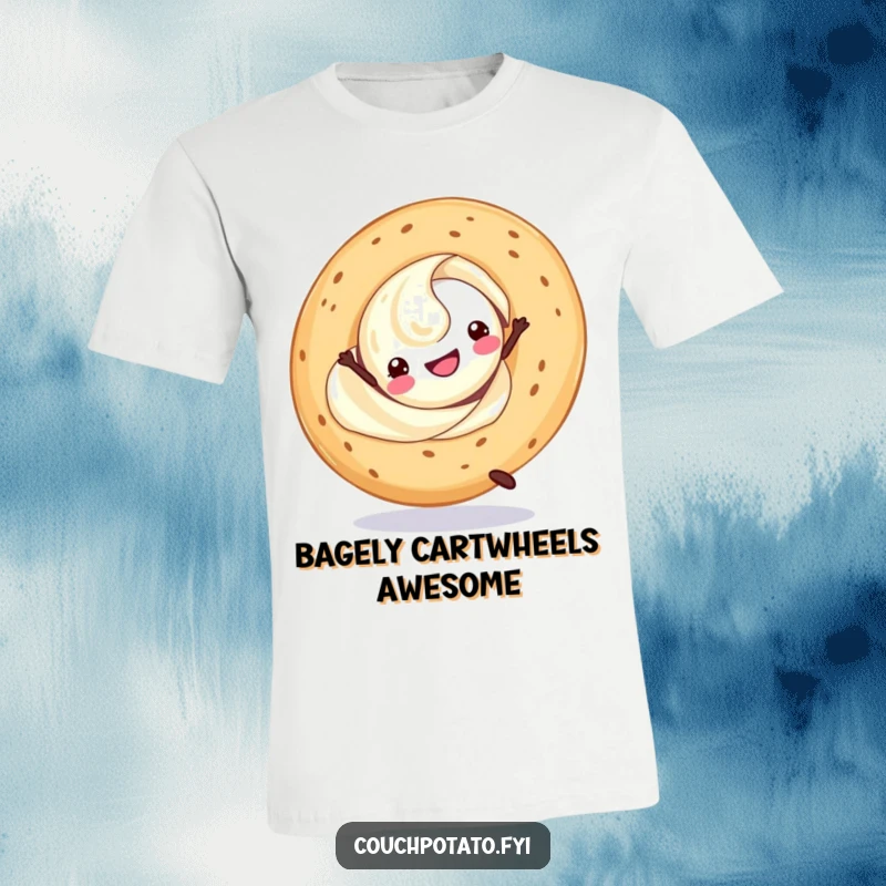 Funny cream cheese swirl doing a cartwheel alongside a bagel, on a cheerful graphic t-shirt.