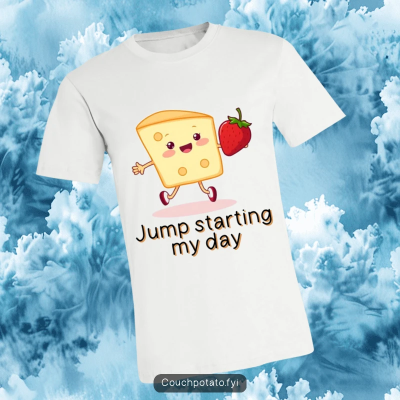Funny cream cheese and strawberry t-shirt, depicting them happily jumping rope, perfect for casual and humorous wear.